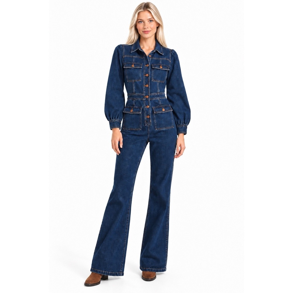 Madewell Flare Denim Jumpsuit 2 Utility Indigo Wide Leg Boiler Suit 70's Retro